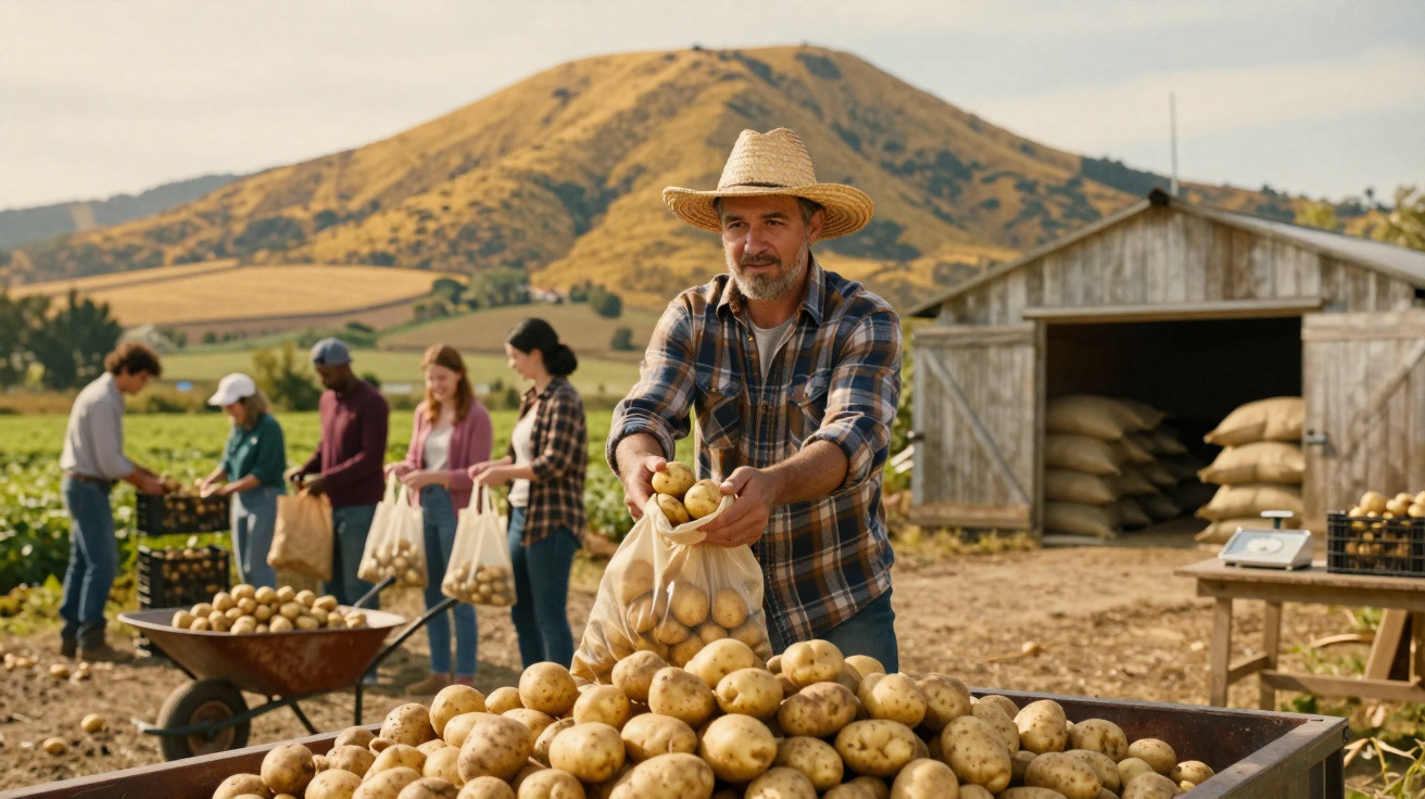 Homem com chapéu enche saco com batatas em fazenda, ao fundo pessoas e celeiro com sacos.