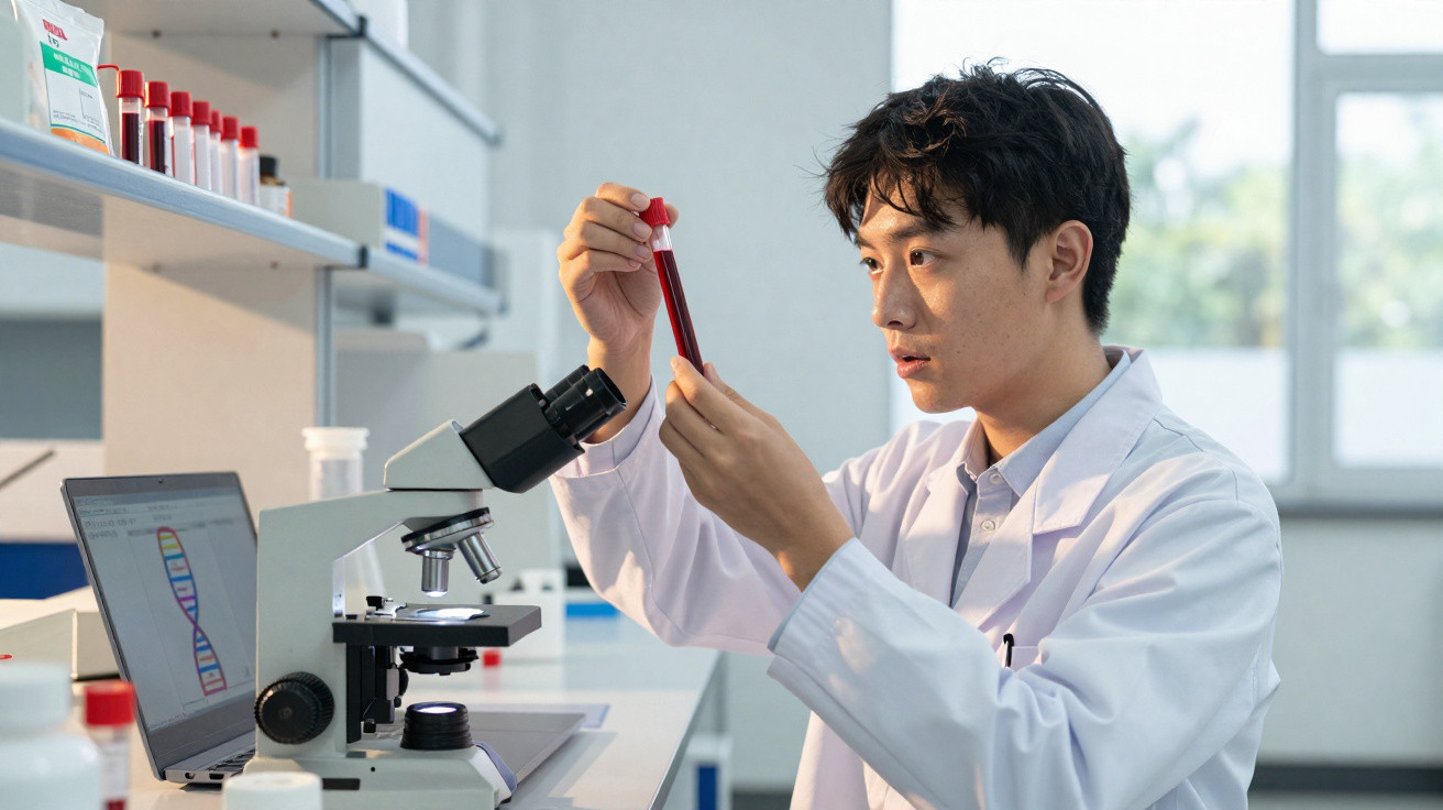 Cientista em laboratório analisando tubo de ensaio com sangue próximo a microscópio e laptop.