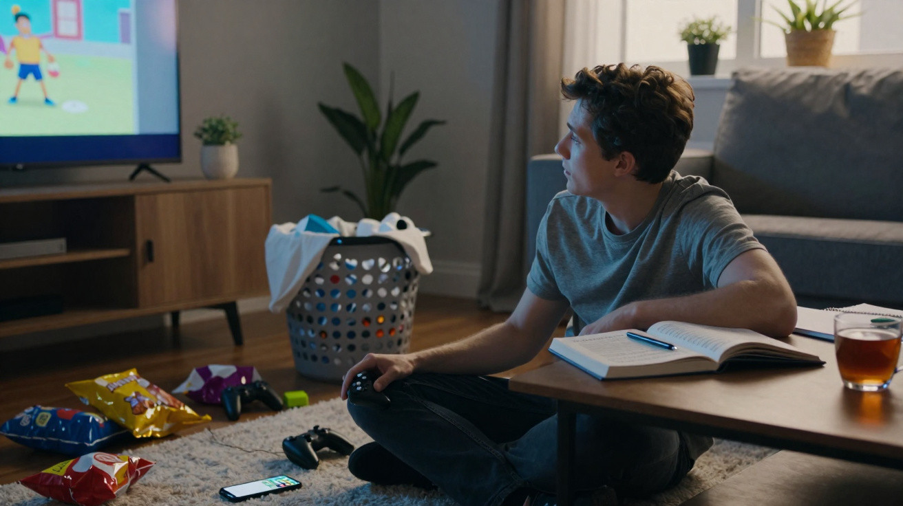Garoto sentado no chão da sala jogando videogame com caderno aberto sobre a mesa e snacks espalhados.