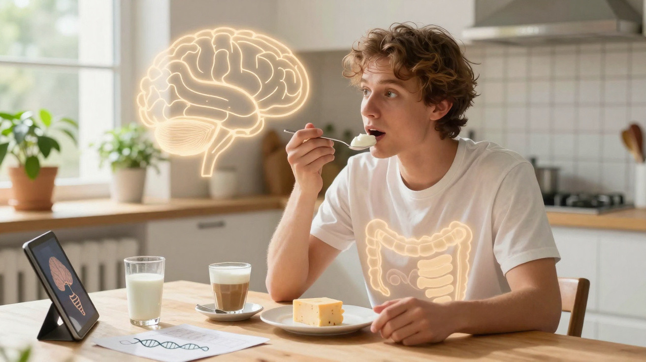 Homem jovem comendo na cozinha com ilustrações digitais do cérebro e do sistema digestivo.