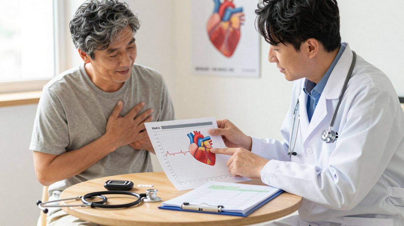 Médico explicando exame cardíaco para paciente homem, que segura o peito, em sala de consulta iluminada.