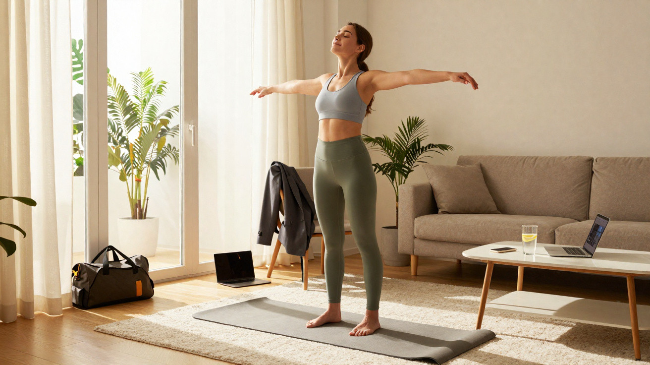 Mulher de olhos fechados fazendo alongamento com braços abertos em tapete de yoga na sala.