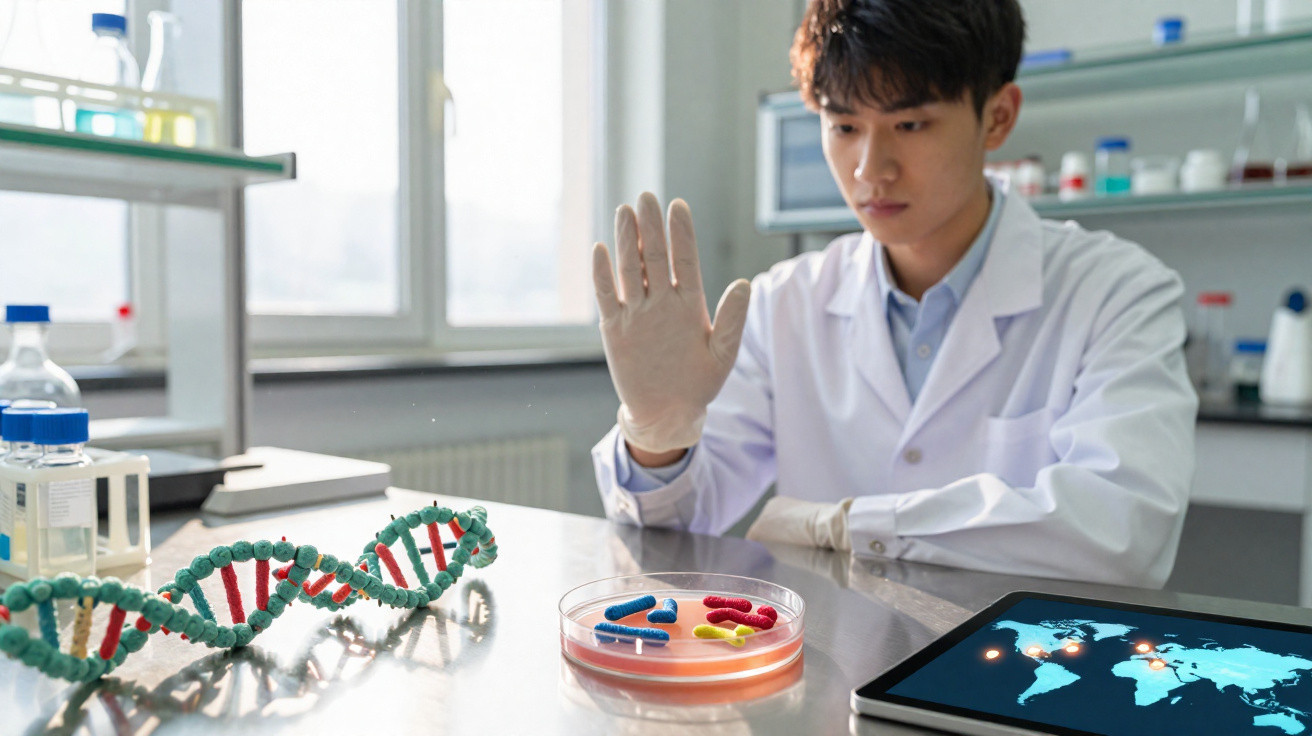 Cientista em laboratório analisando modelo de DNA, uma placa de Petri e tablet com mapa-múndi.