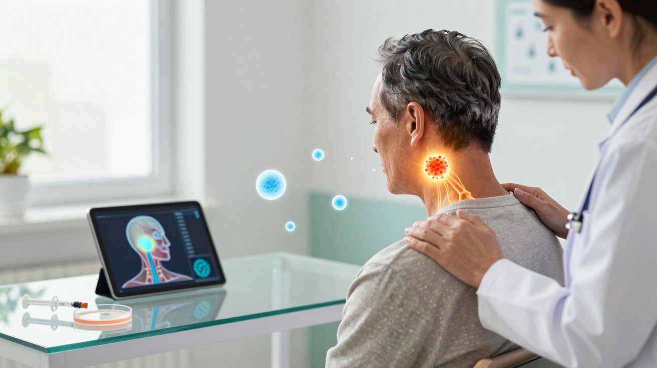 Médica apoiando homem com dor na garganta ao lado de tablet mostrando infecção na região cervical.