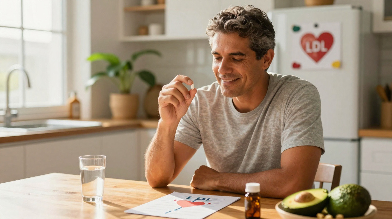 Homem sorridente tomando suplemento na cozinha, com abacate, água e folha sobre colesterol LDL na mesa.