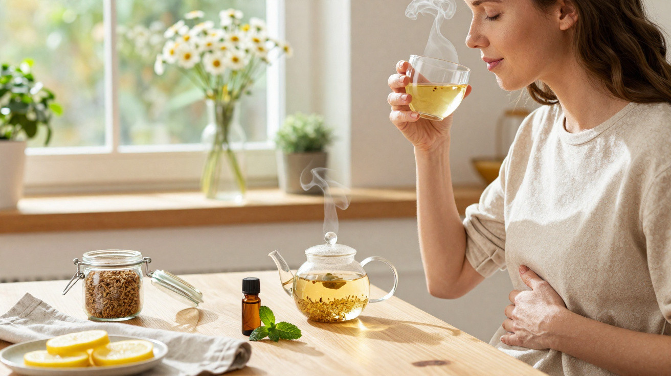 Mulher apreciando chá quente em copo transparente, sentada à mesa com ingredientes naturais ao redor.