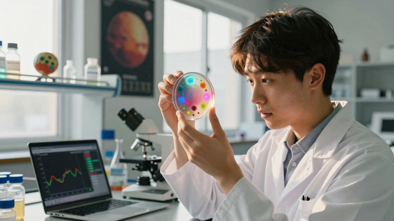 Cientista analisa placa de petri com bactérias coloridas em laboratório moderno.