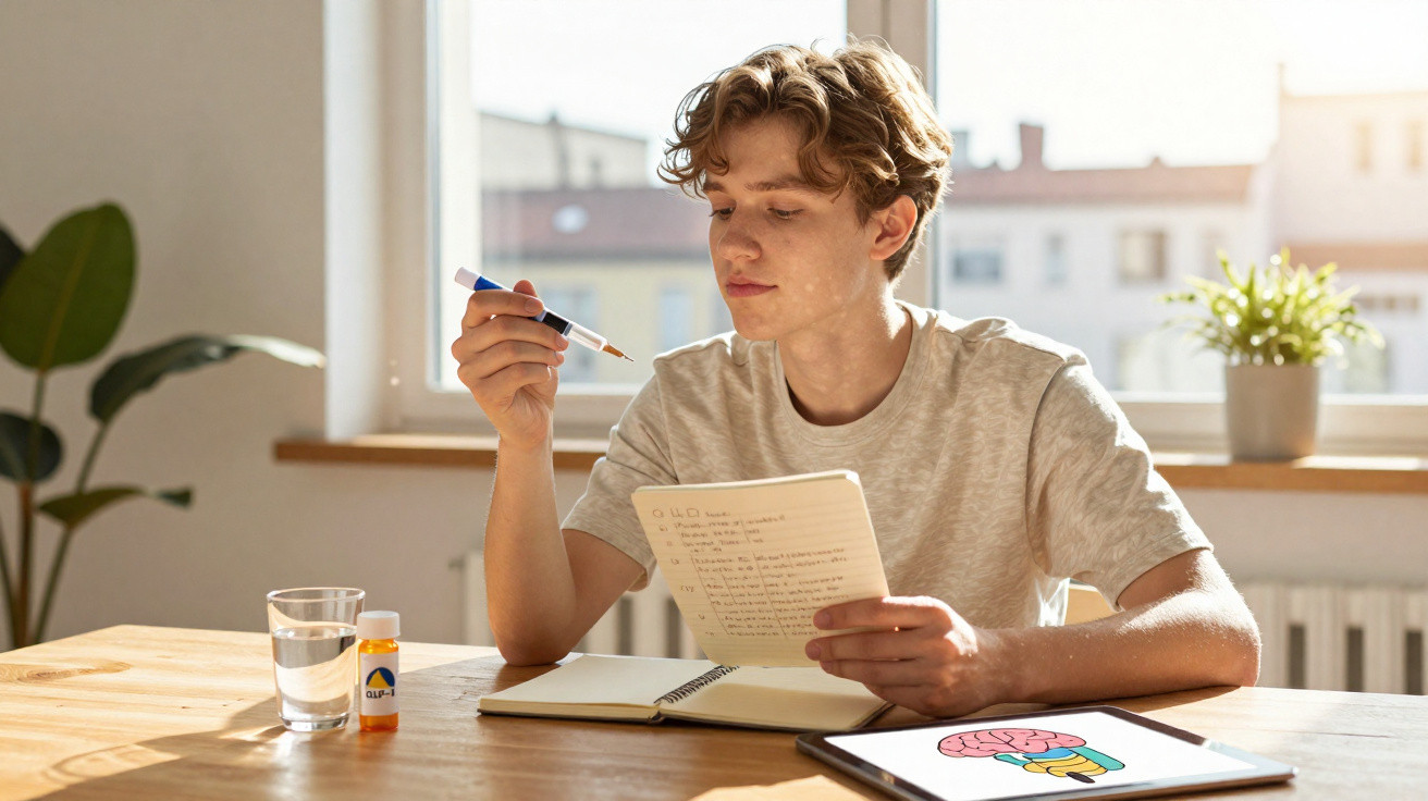 Jovem sentado à mesa estudando com caneta, anotações e tablet com imagem de cérebro colorido.