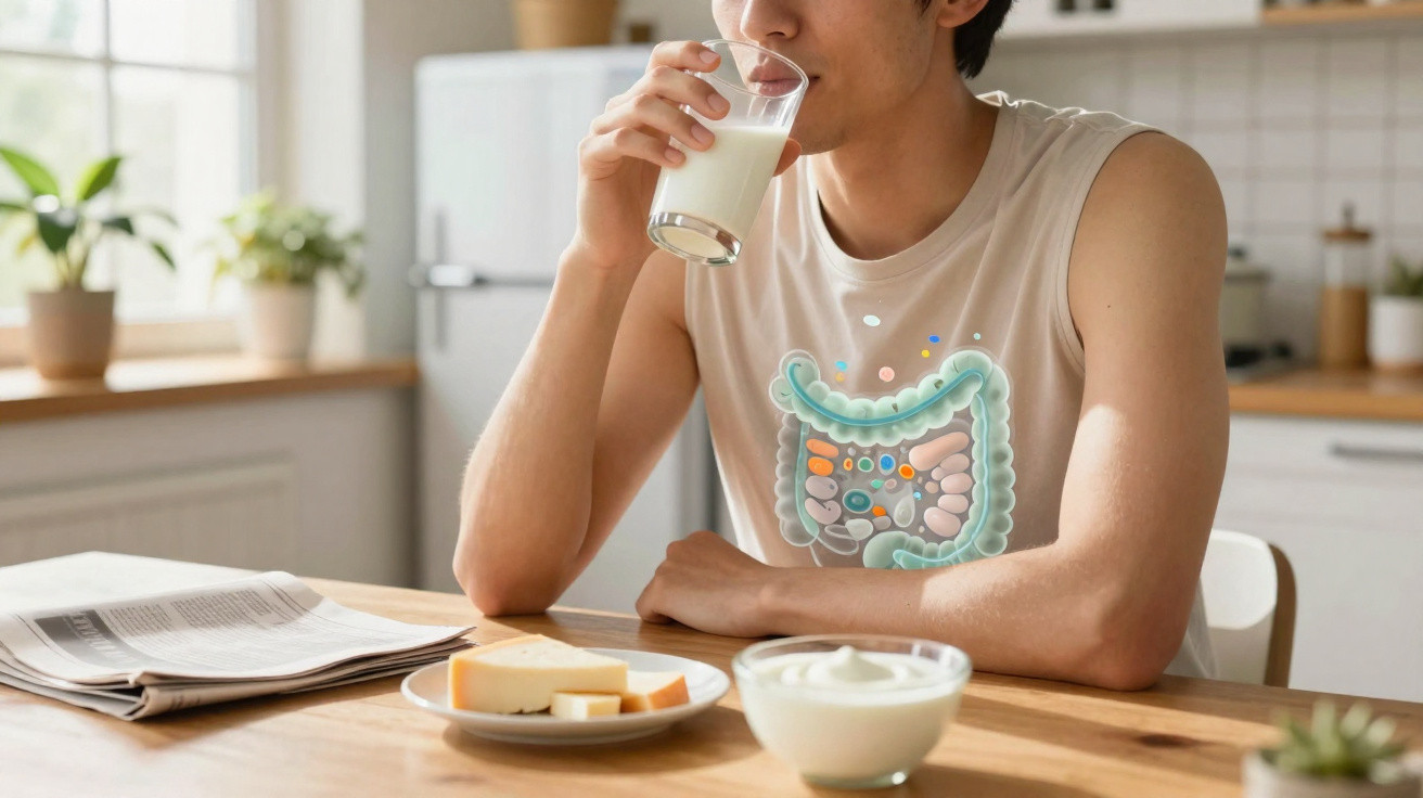 Homem bebendo leite com ilustração do sistema digestivo destacada na camiseta em cozinha iluminada.