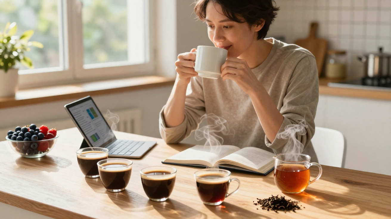 Pessoa sentada tomando café e lendo livro, com xícaras de café e chá sobre mesa de madeira.