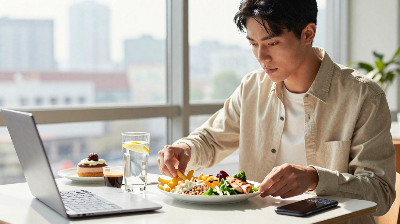 Homem sentado à mesa com prato de comida saudável, laptop aberto e copo de água com limão.