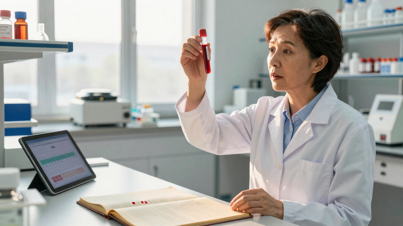 Cientista analisando tubo de ensaio com líquido vermelho em laboratório moderno e iluminado.