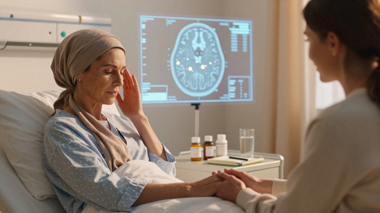 Paciente usando lenço na cabeça em cama hospitalar, com exame cerebral no fundo, segurando mãos de acompanhante.