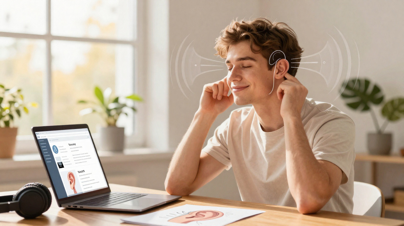Jovem ouvindo com satisfação, dedos nos ouvidos, laptop ao lado em ambiente iluminado.