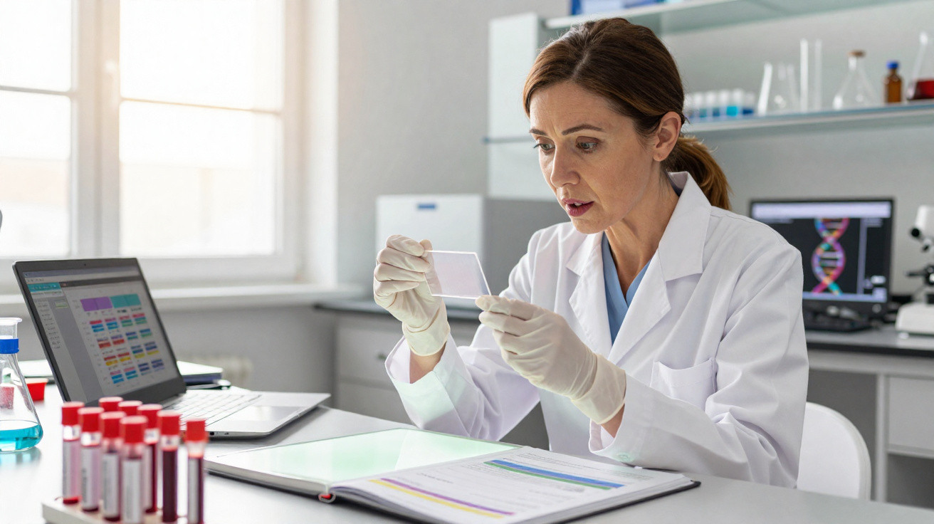 Cientista mulher analisando lâmina de vidro em laboratório com tubos de ensaio e laptop.