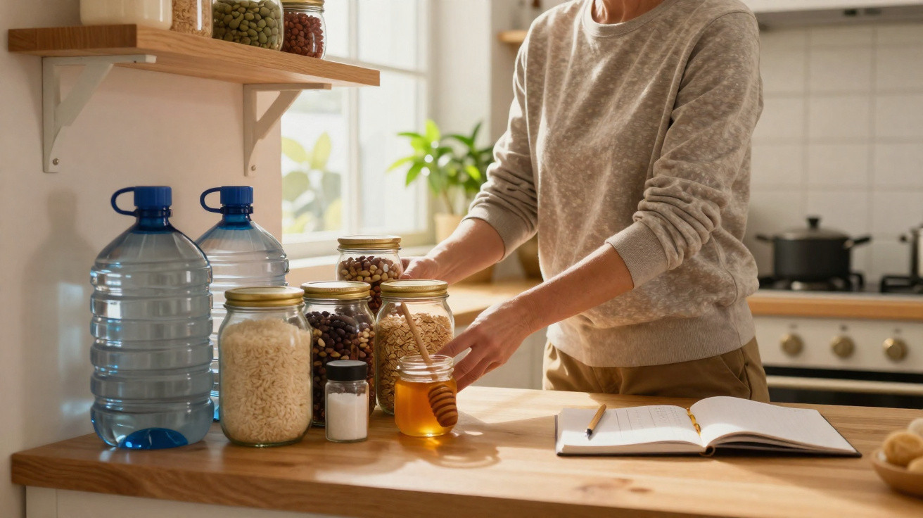 Pessoa em cozinha organizada mexendo em pote de mel com potes de mantimentos e caderno aberto sobre bancada.