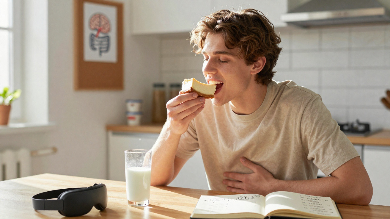 Jovem com camiseta clara comendo bolo sentado à mesa com copo de leite e livro aberto em cozinha iluminada.