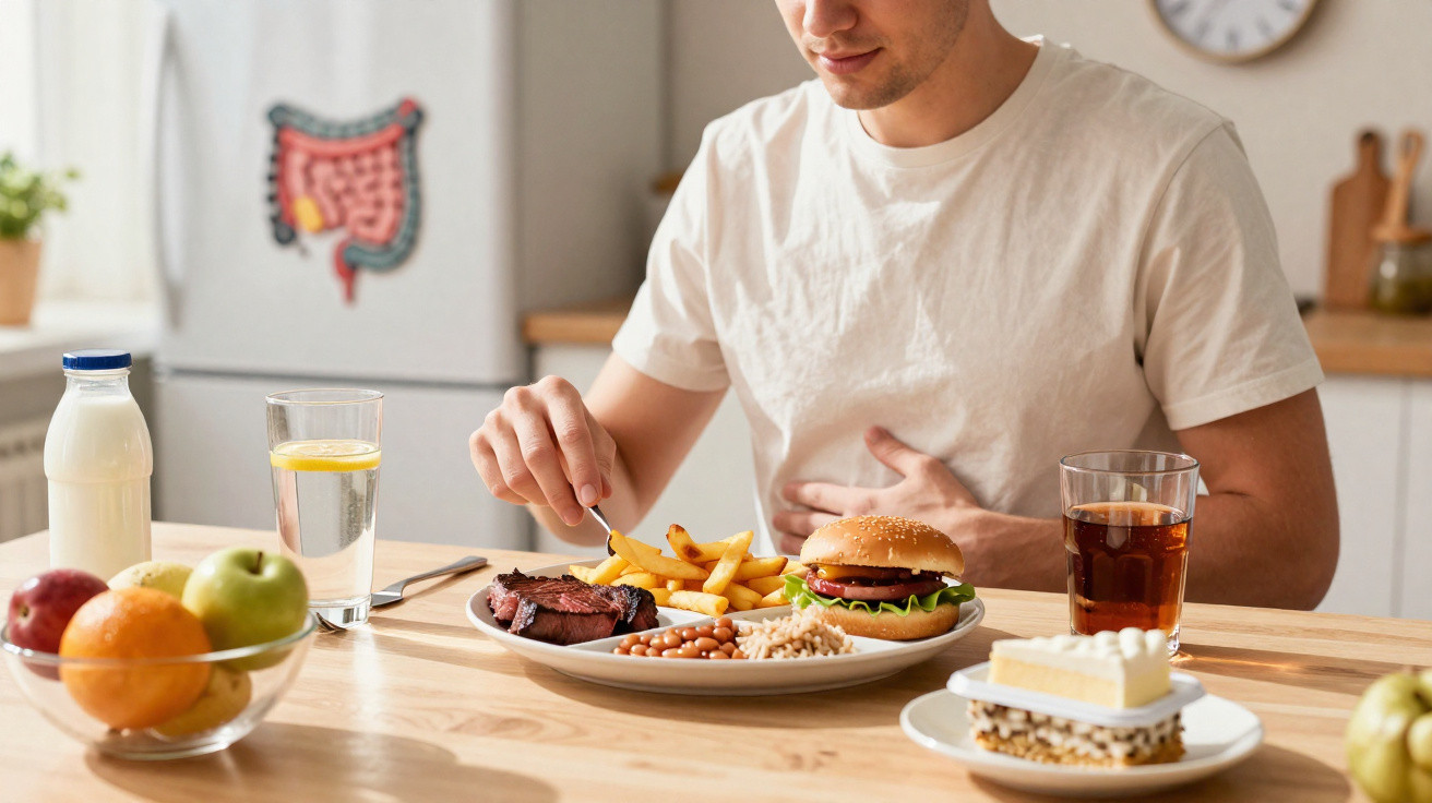 Homem comendo hambúrguer, batatas fritas e outros alimentos, sentado à mesa na cozinha.