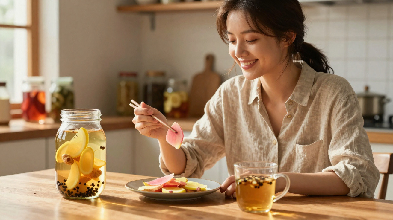 Mulher sorridente comendo fatias de fruta em casa com chá e jarra de infusão na mesa.