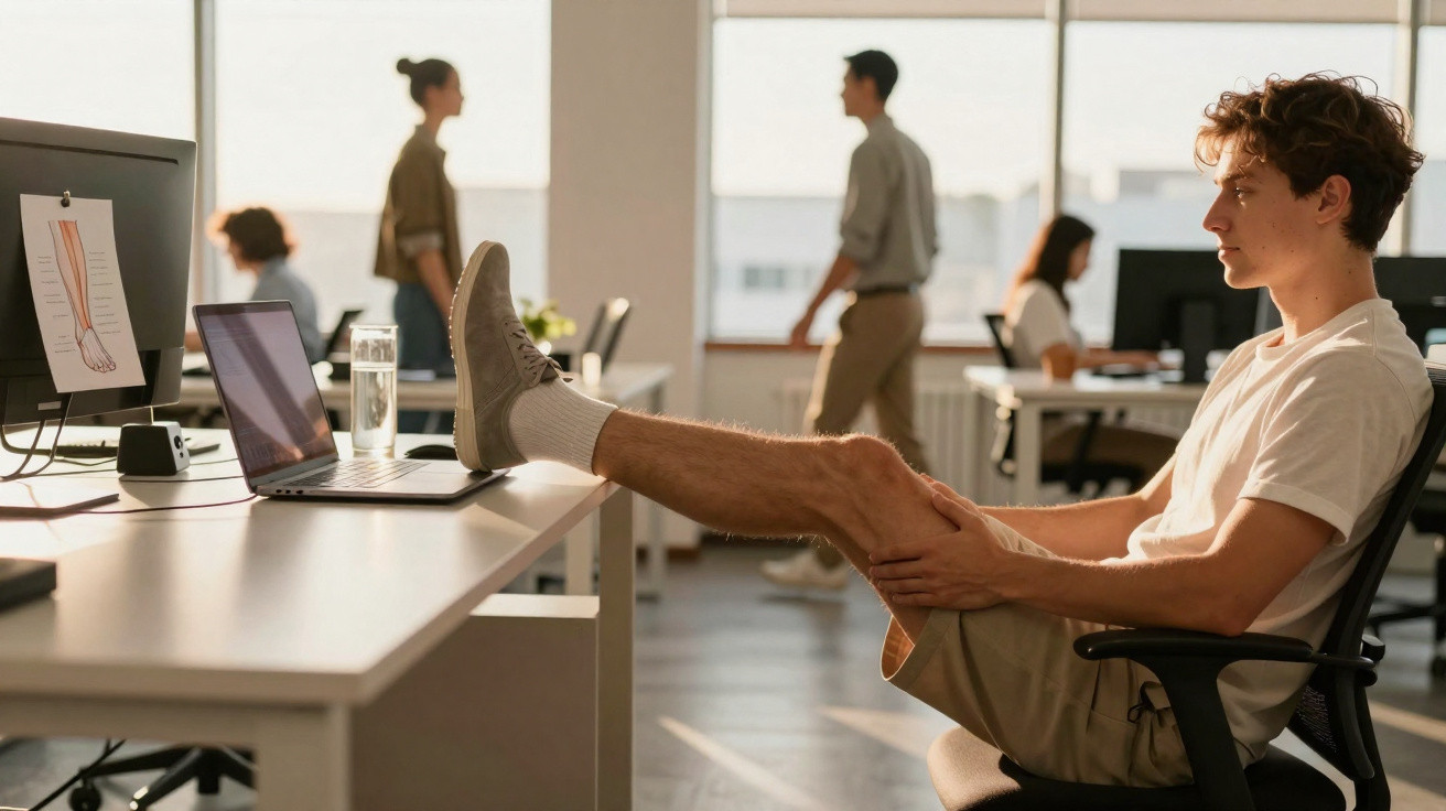 Jovem sentado em cadeira de escritório com os pés sobre a mesa e pessoas ao fundo em ambiente de trabalho.