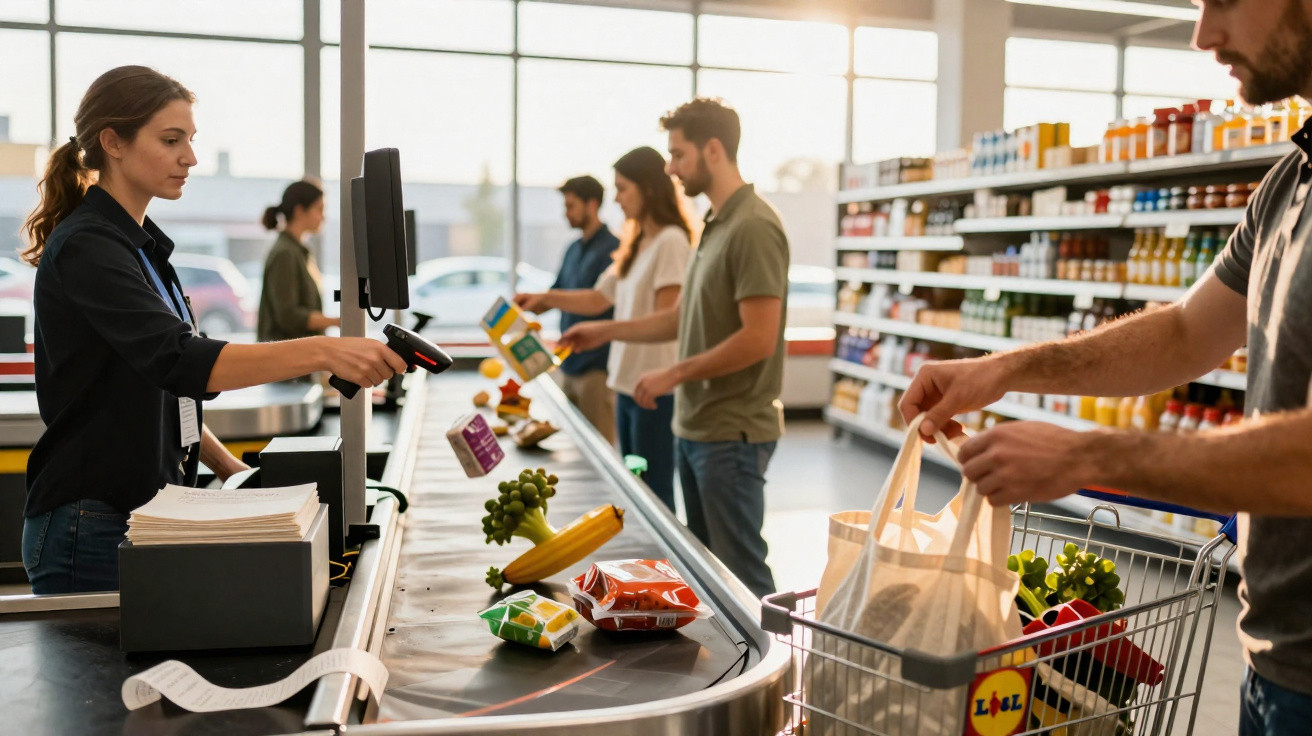 Pessoa fazendo compras e caixa registrando produtos em supermercado iluminado por luz natural.