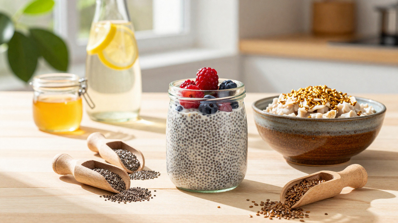 Pudim de chia com frutas vermelhas em pote de vidro, sementes e mel sobre mesa clara em cozinha.