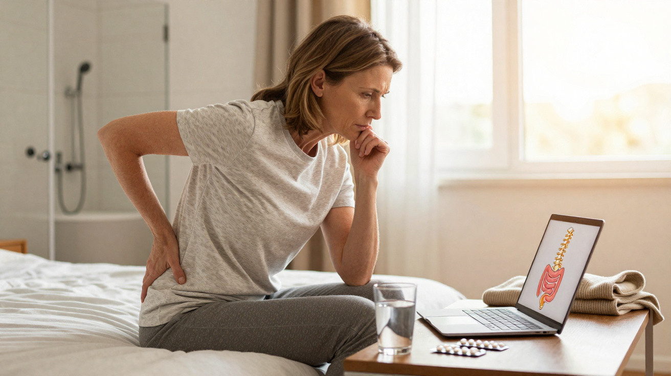 Mulher sentada na cama segurando as costas, olhando para imagem de coluna em laptop na mesa ao lado.