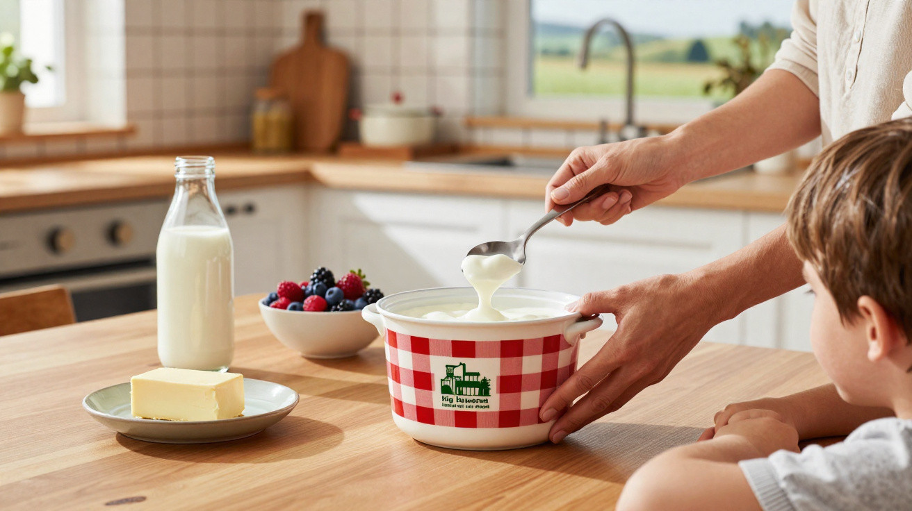 Pessoa servindo iogurte em tigela para criança, com leite, manteiga e frutas em cozinha iluminada.