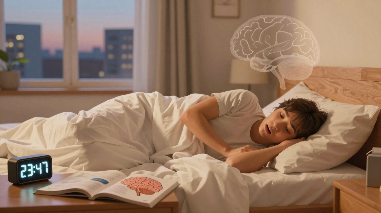 Pessoa dormindo na cama ao lado de livro aberto com imagem de cérebro e relógio marcando 23:47.