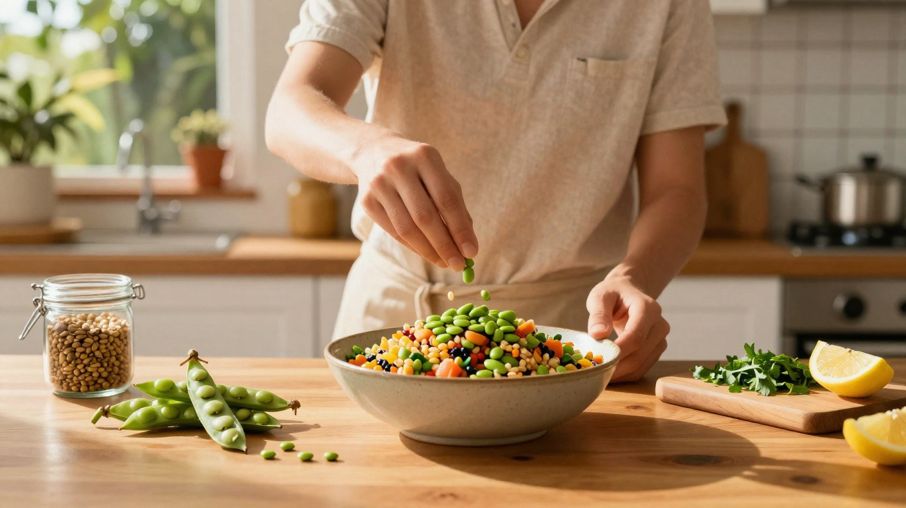 Pessoa preparando salada com ervilhas, lentilhas e legumes em uma cozinha iluminada.