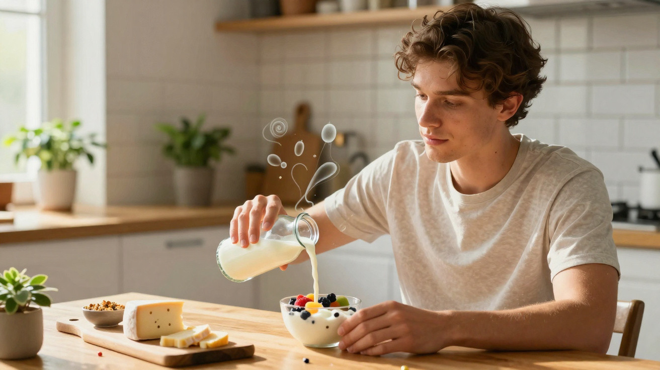 Jovem derramando leite em tigela com frutas e granola em cozinha clara e organizada.