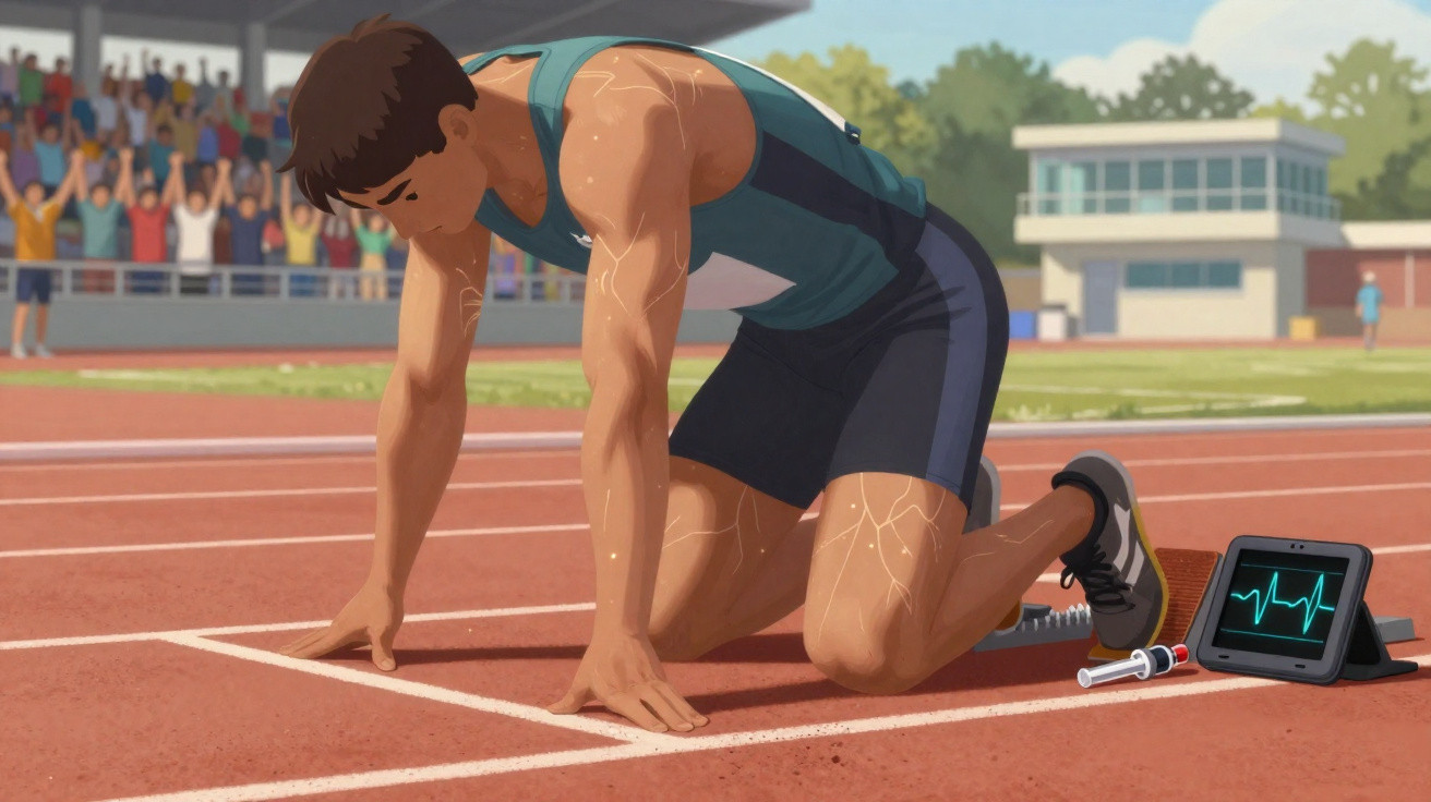 Atleta agachado na linha de largada de uma pista com aparelho de monitoramento cardíaco ao lado.
