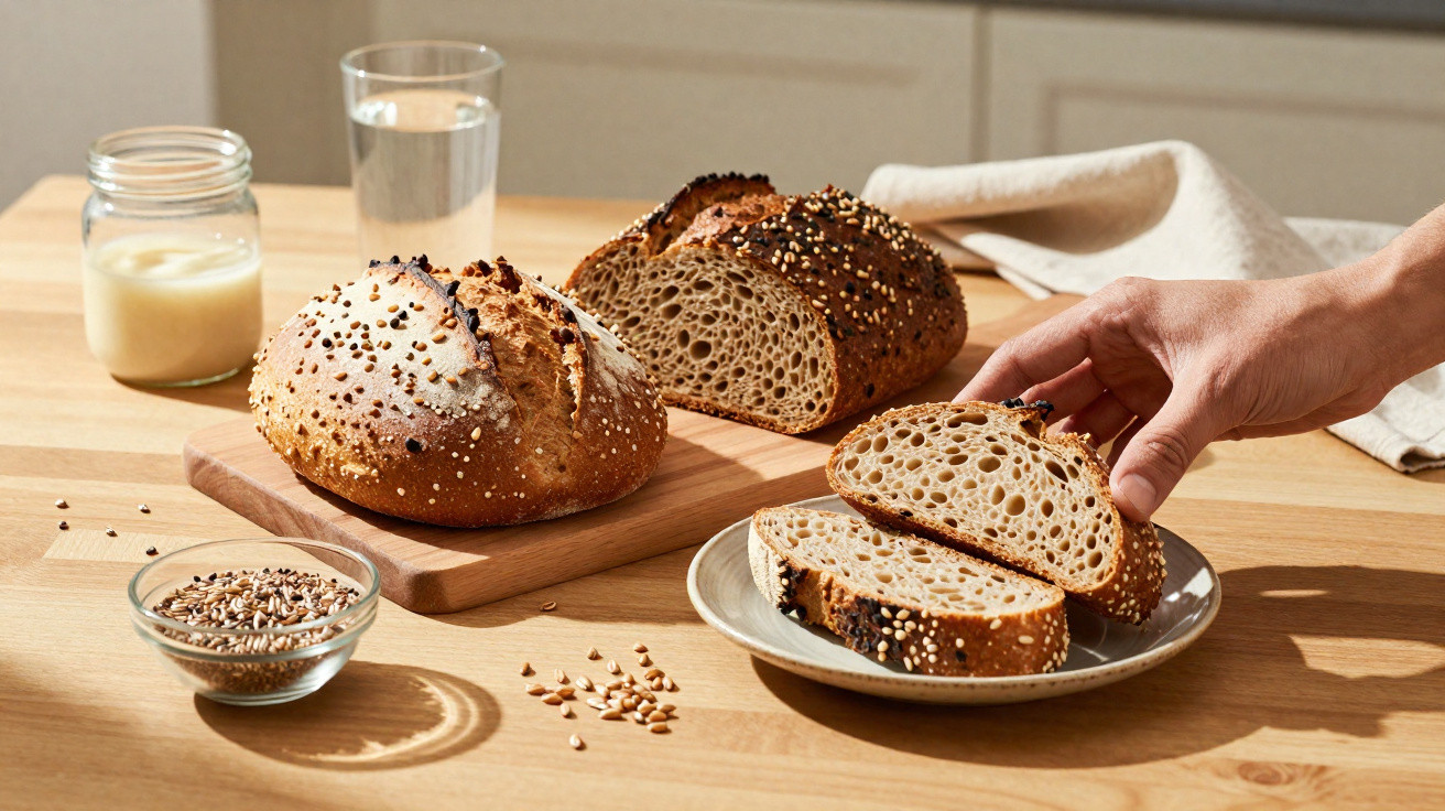 Pães integrais com sementes em tábua e prato, com copo de água e manteiga sobre mesa de madeira clara.