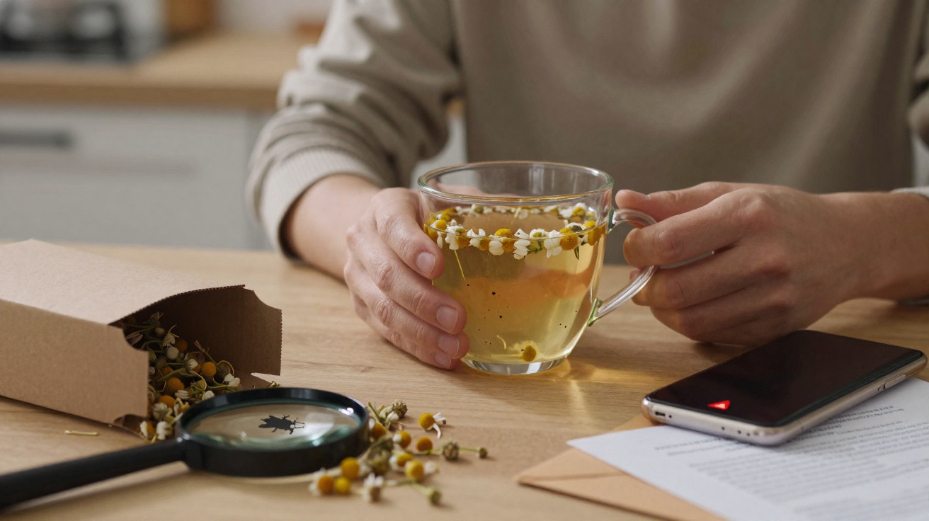 Pessoa segurando xícara de chá de camomila com flores, sobre mesa com lupa, pacote aberto e celular.