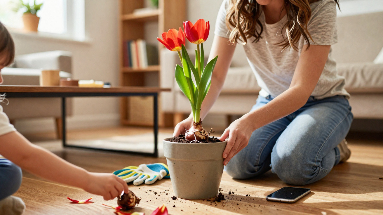 Mulher e criança plantando tulipas em vaso dentro de casa, com terra espalhada no chão.