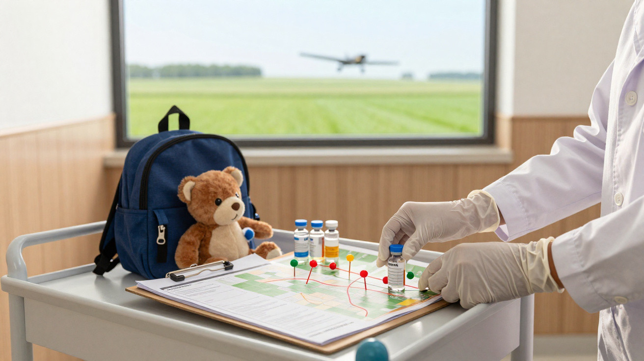 Médico organizando frascos de vacina em mesa com urso de pelúcia e mochila azul, avião pulverizador visível pela janela.