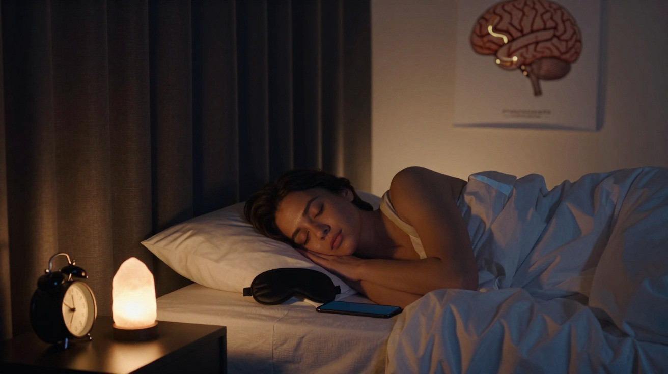 Pessoa dormindo em cama com máscara de dormir, celular e abajur fosco ao lado, ambiente escuro e tranquilo.
