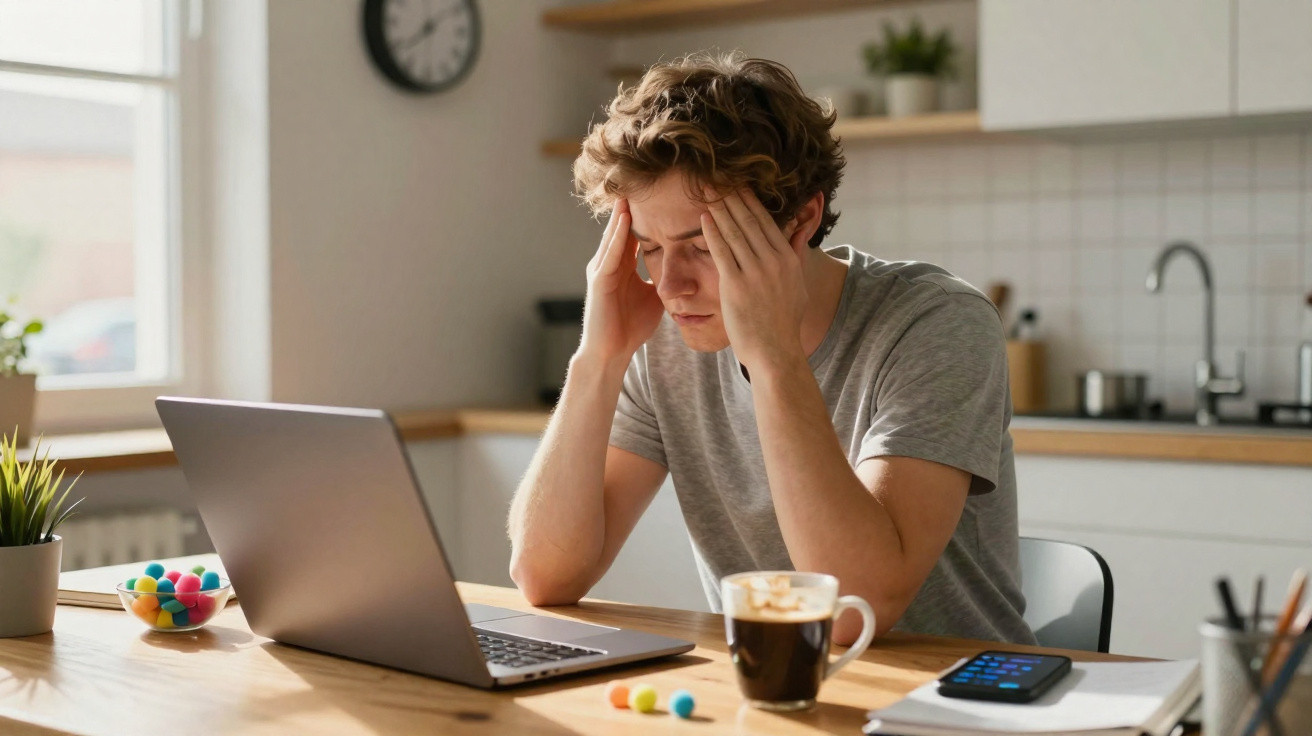 Homem jovem com expressão cansada, sentado em mesa com laptop, café e celular em cozinha iluminada.