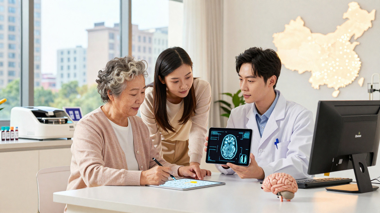 Médico mostrando exame cerebral a duas mulheres em consulta médica em escritório moderno.