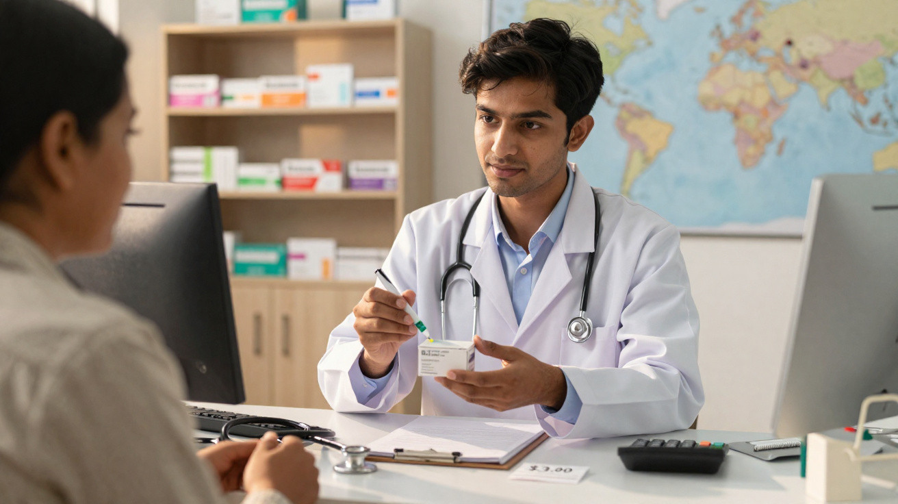 Médico sentado em consultório explicando sobre medicamento para paciente, com mapa mundi ao fundo.