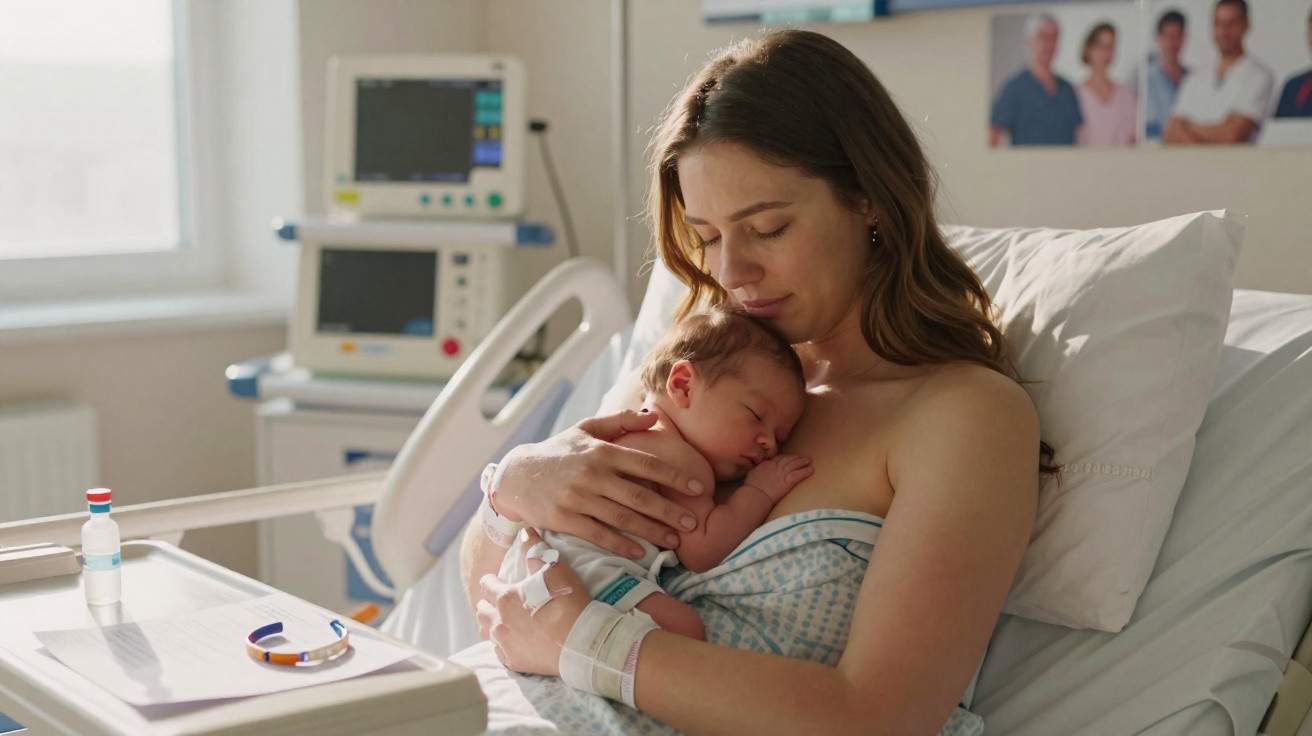 Mulher segurando recém-nascido no colo em leito hospitalar, em ambiente de maternidade.