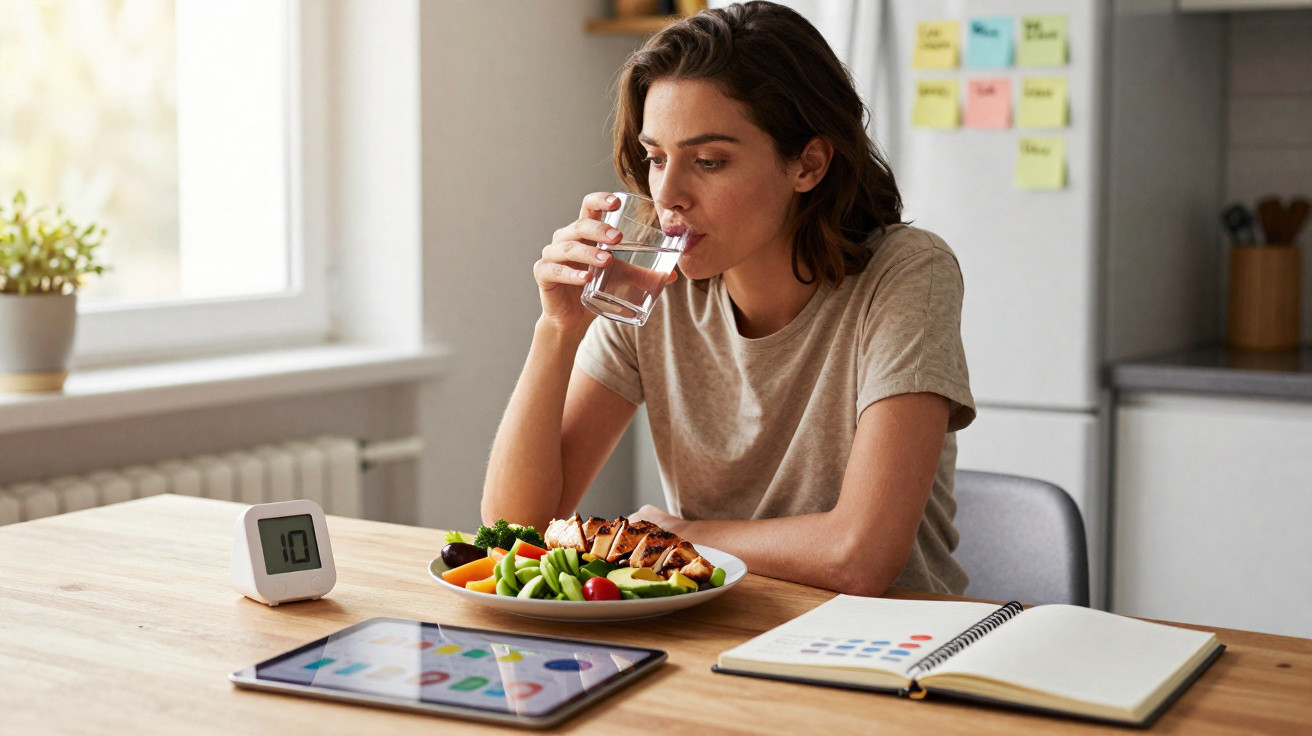 Mulher sentada à mesa bebendo água, com prato de comida saudável, tablet e caderno à frente.