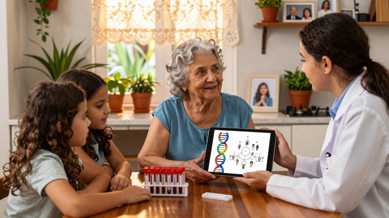 Idosa e duas crianças aprendem sobre DNA com médica que mostra ilustração em tablet, em mesa com tubos de sangue.