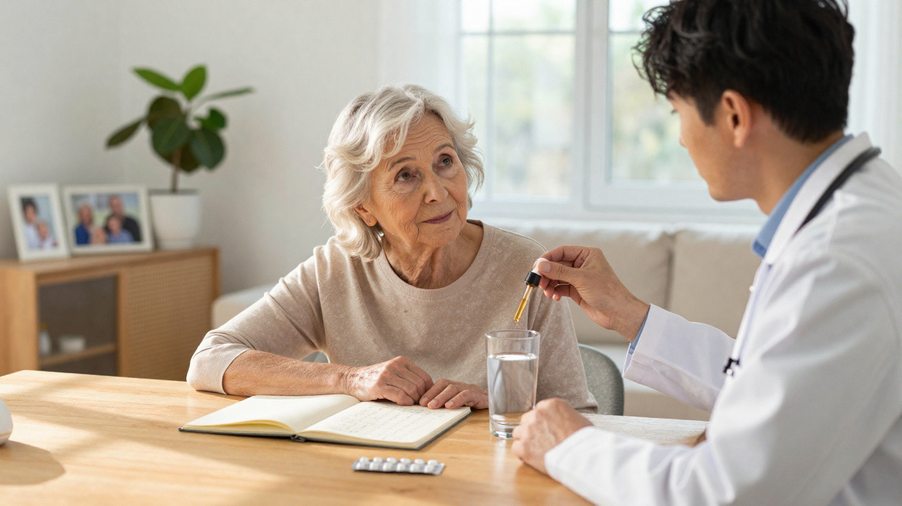 Médico explica uso de medicamento em gota para idosa sentada à mesa com copo de água e remédios.