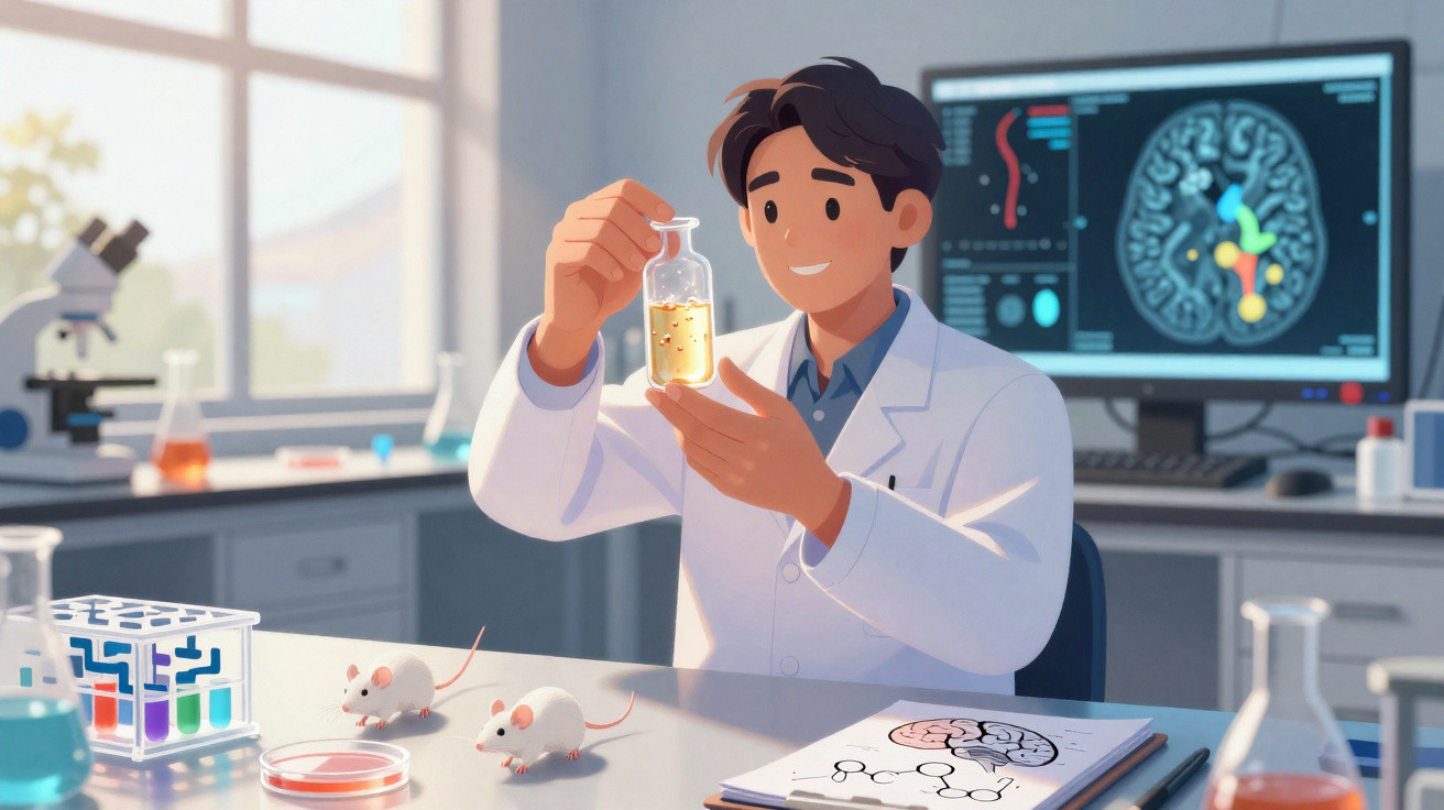 Cientista em laboratório segurando frasco com líquido amarelo, com ratos e imagem cerebral ao fundo.