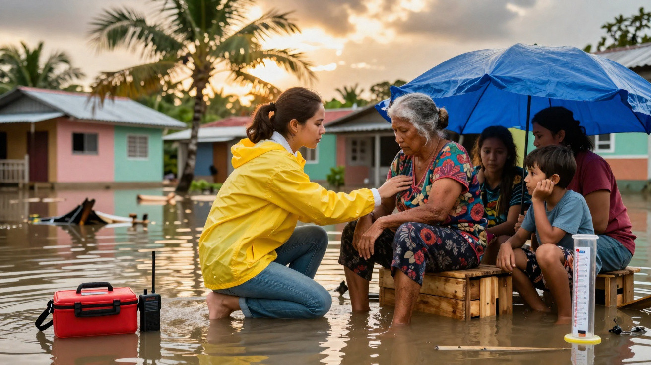 Mulher de amarelo ajuda idosa durante enchente enquanto família se protege sob guarda-chuva azul em área alagada.