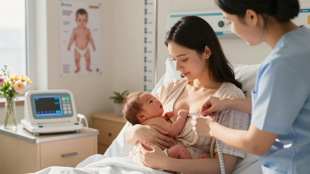 Médica medindo perímetro torácico de bebê no colo da mãe em quarto de hospital com equipamentos médicos.