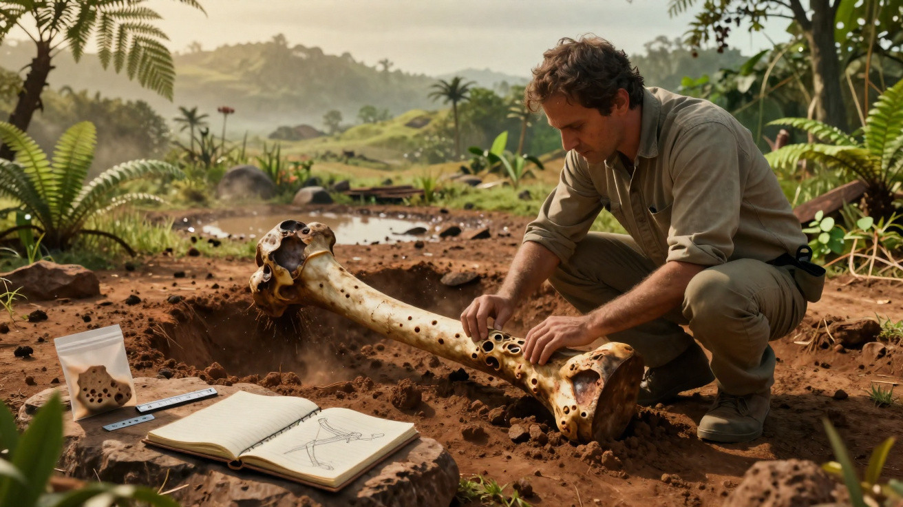 Homem escavando e examinando um osso fóssil grande em uma paisagem natural com caderno de desenho aberto ao lado.