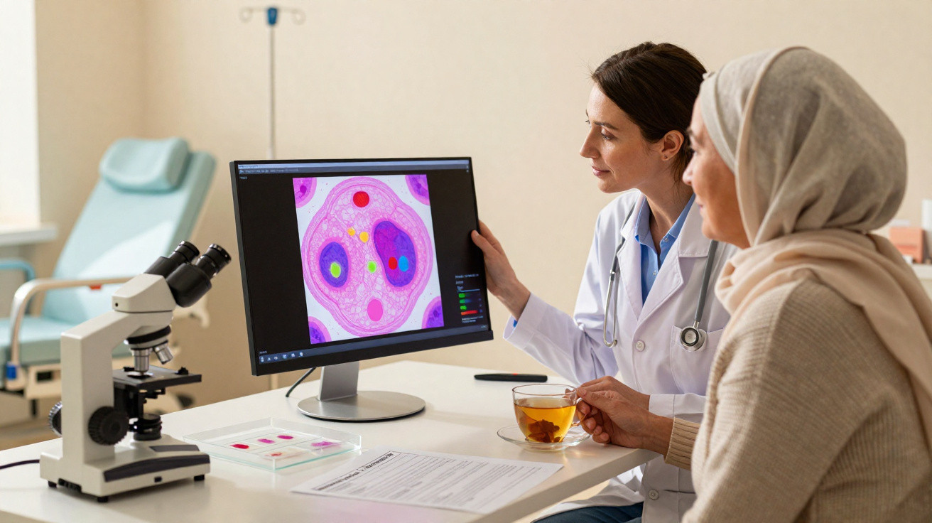 Médica mostrando exame em monitor para paciente, com microscópio e documento em mesa de consultório.