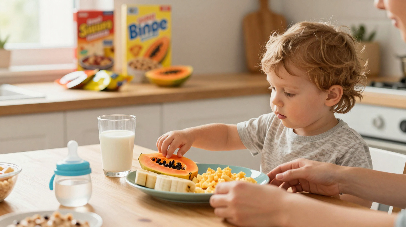 Criança comendo papaya, banana e ovos mexidos, com leite e mamadeira na mesa da cozinha.